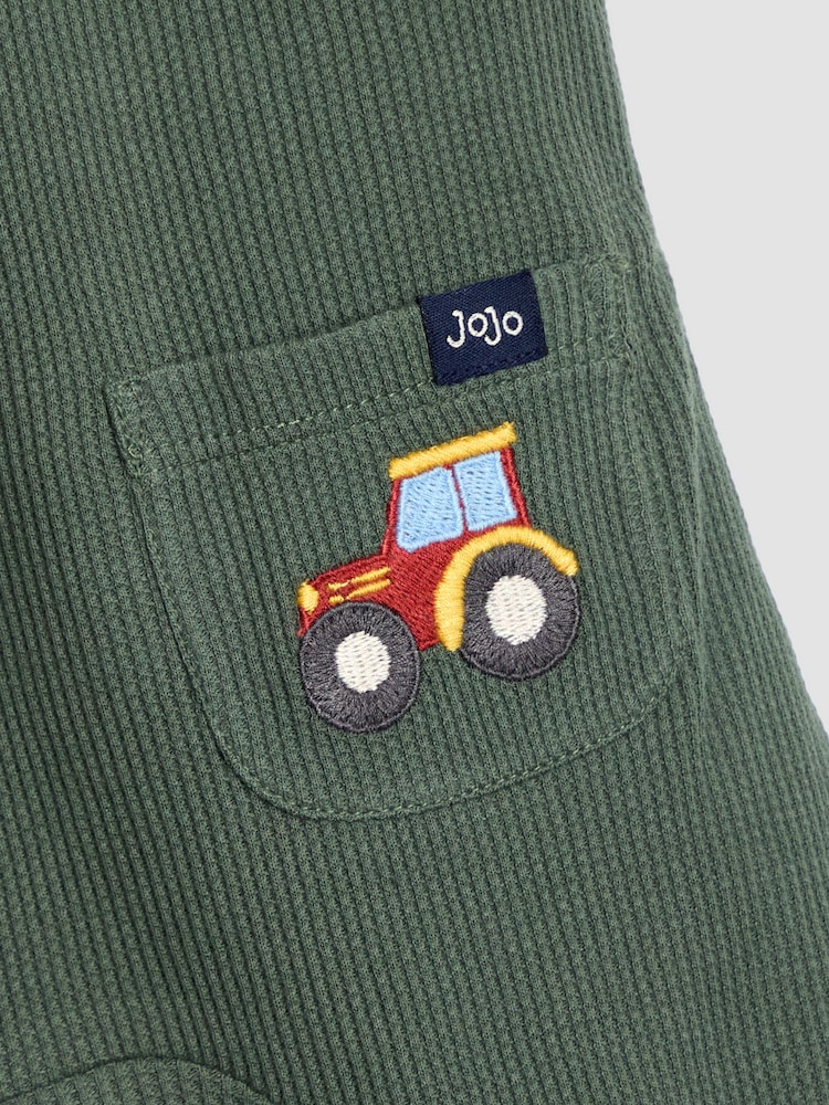 JoJo Maman Bébé Green Tractor 2-Piece Appliqué Waffle Dungarees & Top Set - Image 7 of 7