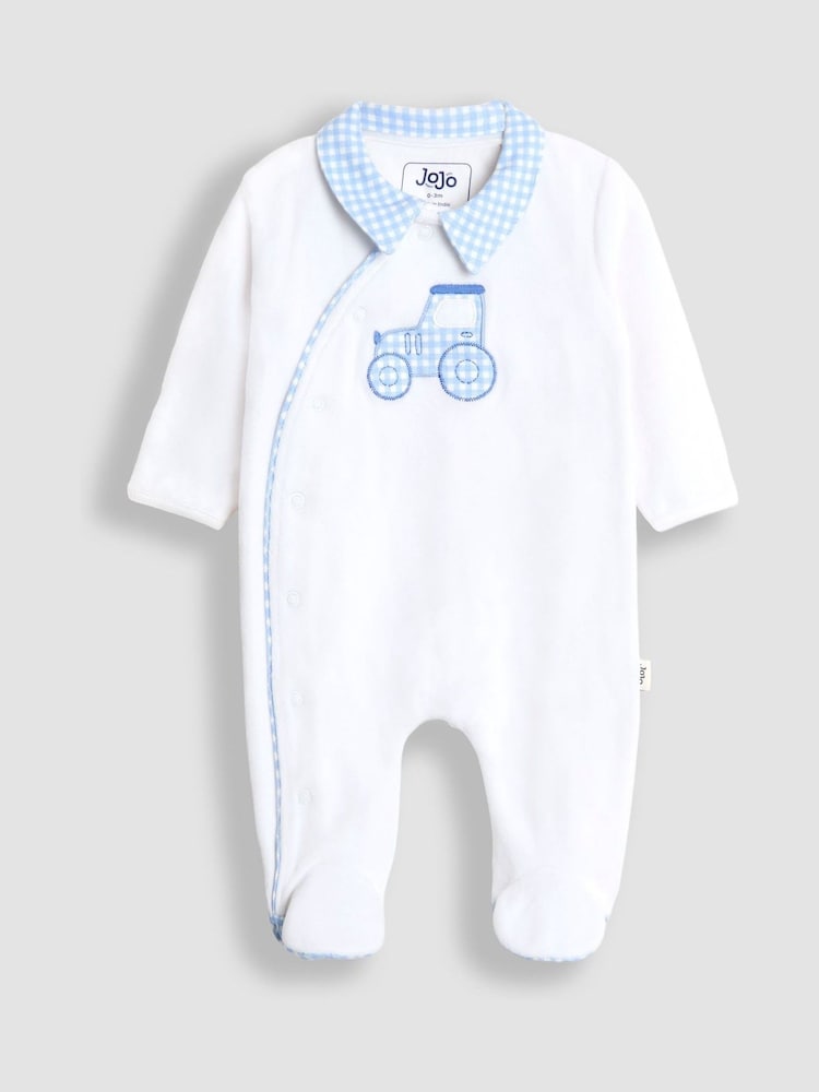 JoJo Maman Bébé White Tractor Velour Appliqué Footed All-In-One - Image 1 of 5 JoJo Maman Bébé White Tractor Velour Appliqué Footed All-In-One - Image 1 of 5