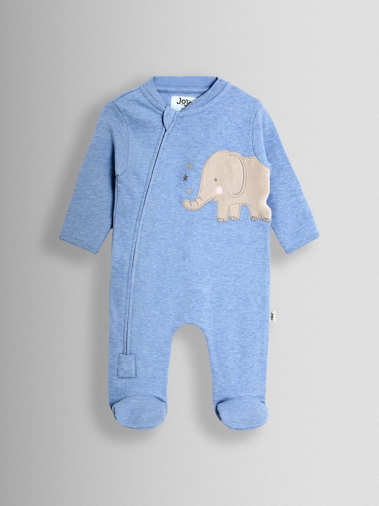 JoJo Maman Bébé Blue Elephant 100% Cotton Footed Appliqué Sleepsuit - Image 1 of 3 JoJo Maman Bébé Blue Elephant 100% Cotton Footed Appliqué Sleepsuit - Image 1 of 3