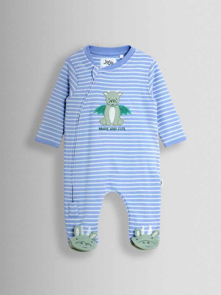 Blue Striped Dragon - JoJo Maman Bébé 100% Cotton Footed Stripe Appliqué Sleepsuit - Image 1 of 3