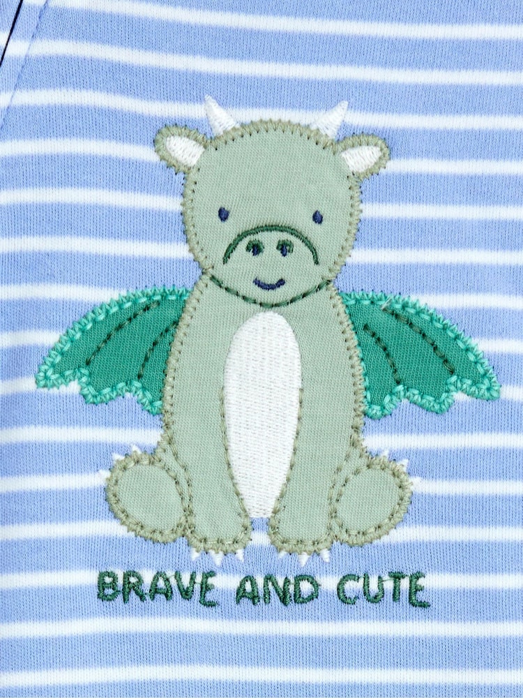 Blue Striped Dragon - JoJo Maman Bébé 100% Cotton Footed Stripe Appliqué Sleepsuit - Image 3 of 3