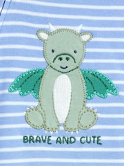 JoJo Maman Bébé Blue Striped Dragon 100% Cotton Footed Stripe Appliqué  Sleepsuit - Image 4 of 4