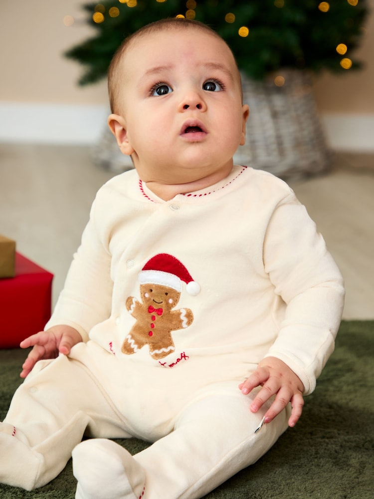 JoJo Maman Bébé Ecru My First Christmas Gingerbread Velour All-In-One - Image 1 of 2 JoJo Maman Bébé Ecru My First Christmas Gingerbread Velour All-In-One - Image 1 of 2