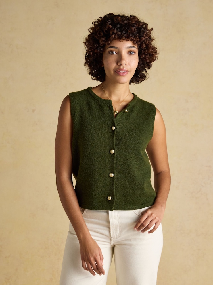 Joules Holly Khaki Green Button Through Knitted Vest - Image 1 of 8