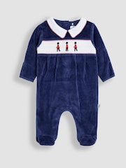 JoJo Maman Bébé Navy Soldier Smocked Velour Footed All-In-One - Image 1 of 3