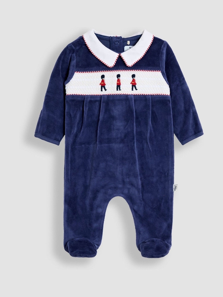 JoJo Maman Bébé Navy Soldier Smocked Velour Footed All-In-One - Image 1 of 3