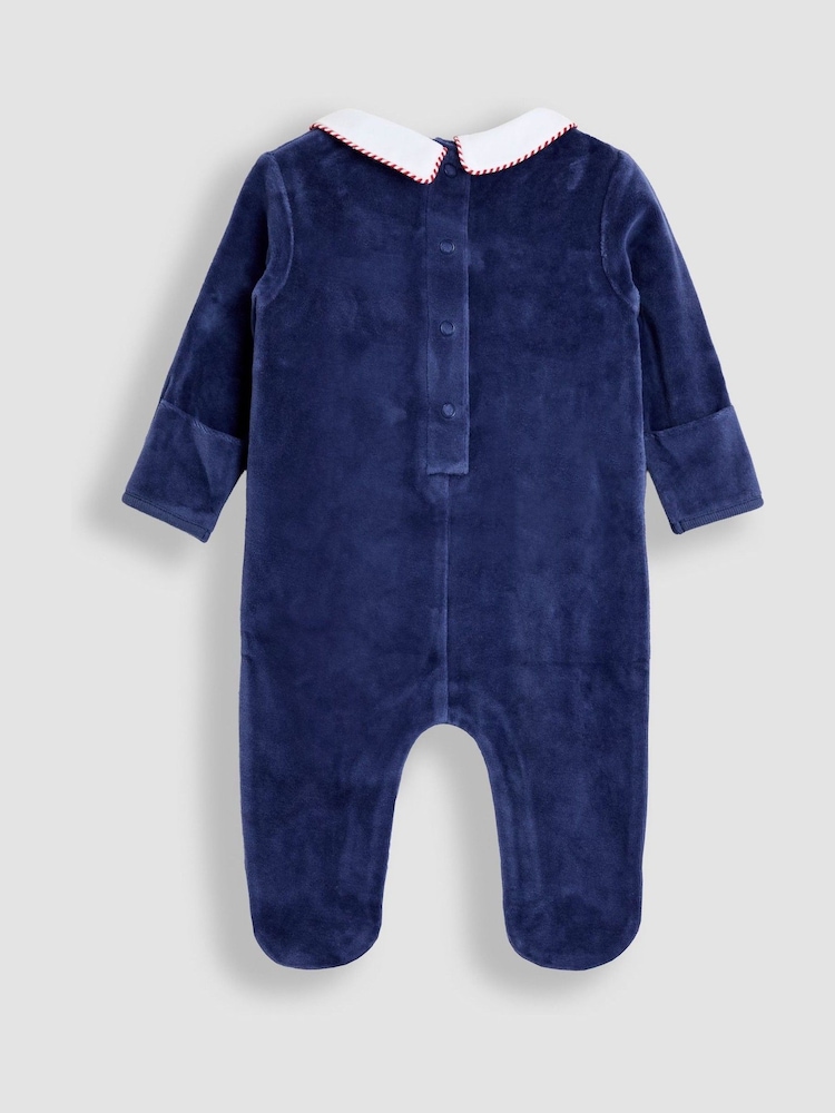 JoJo Maman Bébé Navy Soldier Smocked Velour Footed All-In-One - Image 2 of 3