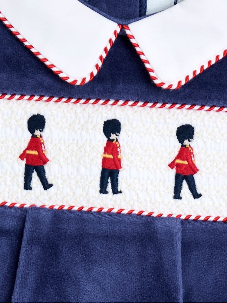 JoJo Maman Bébé Navy Soldier Smocked Velour Footed All-In-One - Image 3 of 3