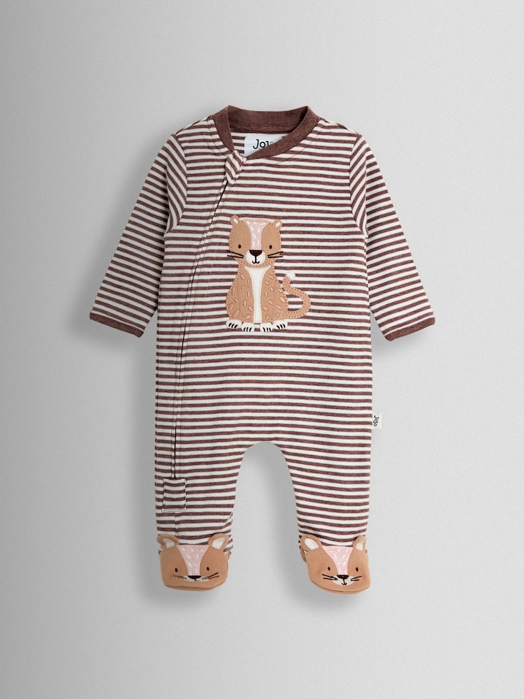 Brown Striped Cheetah - JoJo Maman Bébé 100% Cotton Footed Stripe Appliqué Sleepsuit - Image 1 of 3