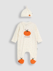 JoJo Maman Bébé Cream Pumpkin & Hat Applique Sleepsuit Set - Image 1 of 6