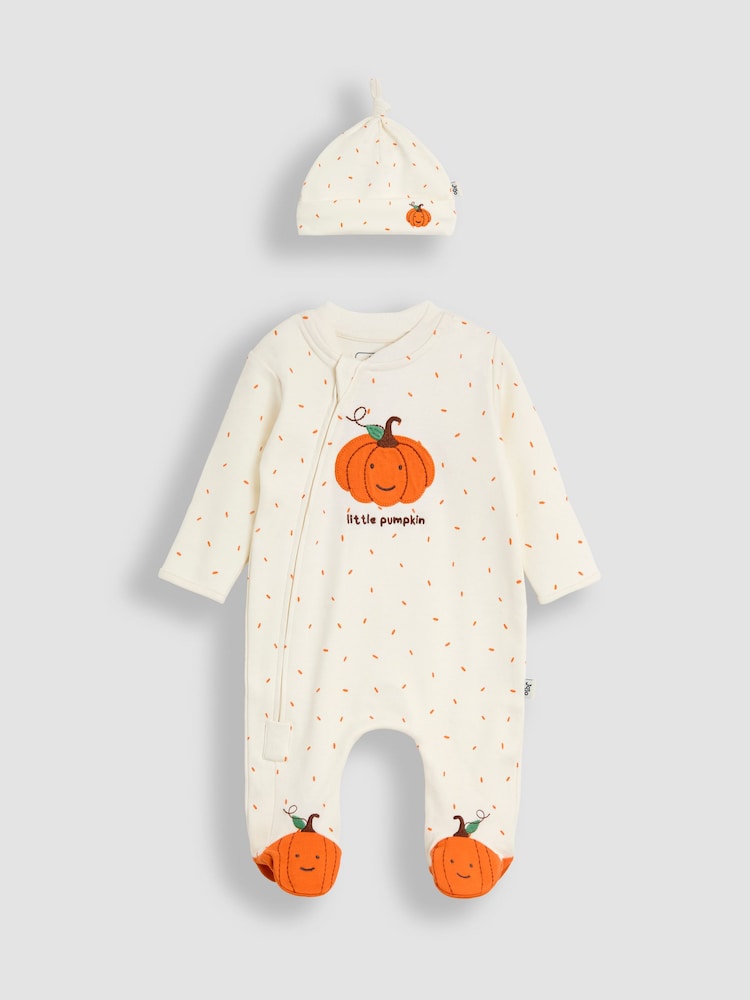 JoJo Maman Bébé Cream Pumpkin & Hat Applique Sleepsuit Set - Image 1 of 6