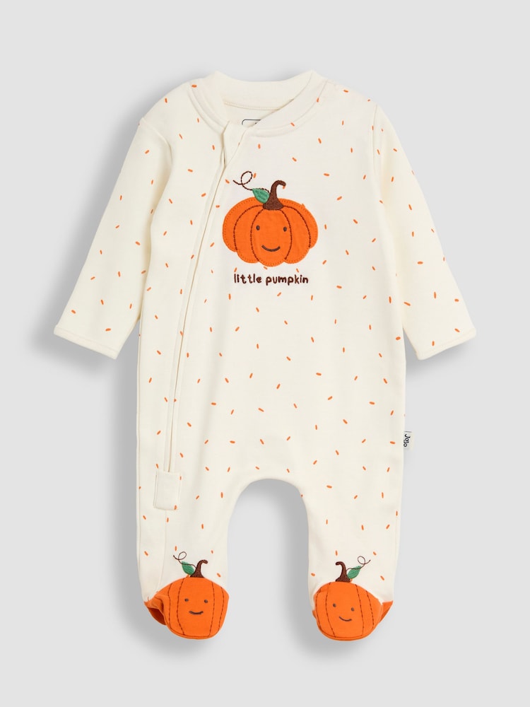 JoJo Maman Bébé Cream Pumpkin & Hat Applique Sleepsuit Set - Image 2 of 6
