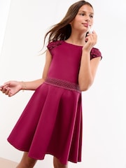 Lipsy Burgundy Red Scuba 3D Lace Occasion Dress (5-16yrs) - Image 1 of 5