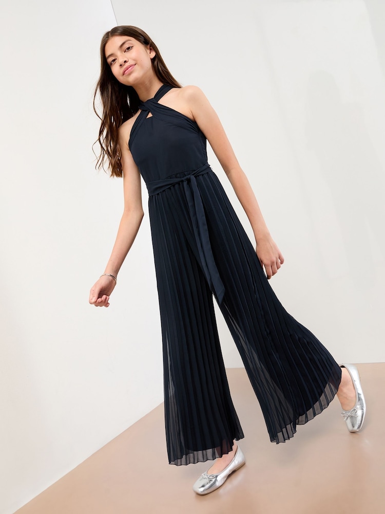 Lipsy Navy Blue Twist Halter Occasion Jumpsuit (5-16yrs) - Image 1 of 4