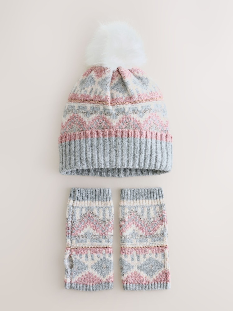 Pretty Fairisle Pattern Knitted Pom Hat & Handwarmer Set - Image 1 of 3 Pretty Fairisle Pattern Knitted Pom Hat & Handwarmer Set - Image 1 of 3