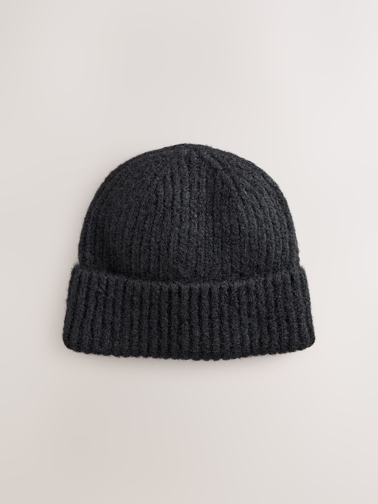 Black Ribbed Beanie Containing Wool Hat - Image 1 of 3 Black Ribbed Beanie Containing Wool Hat - Image 1 of 3
