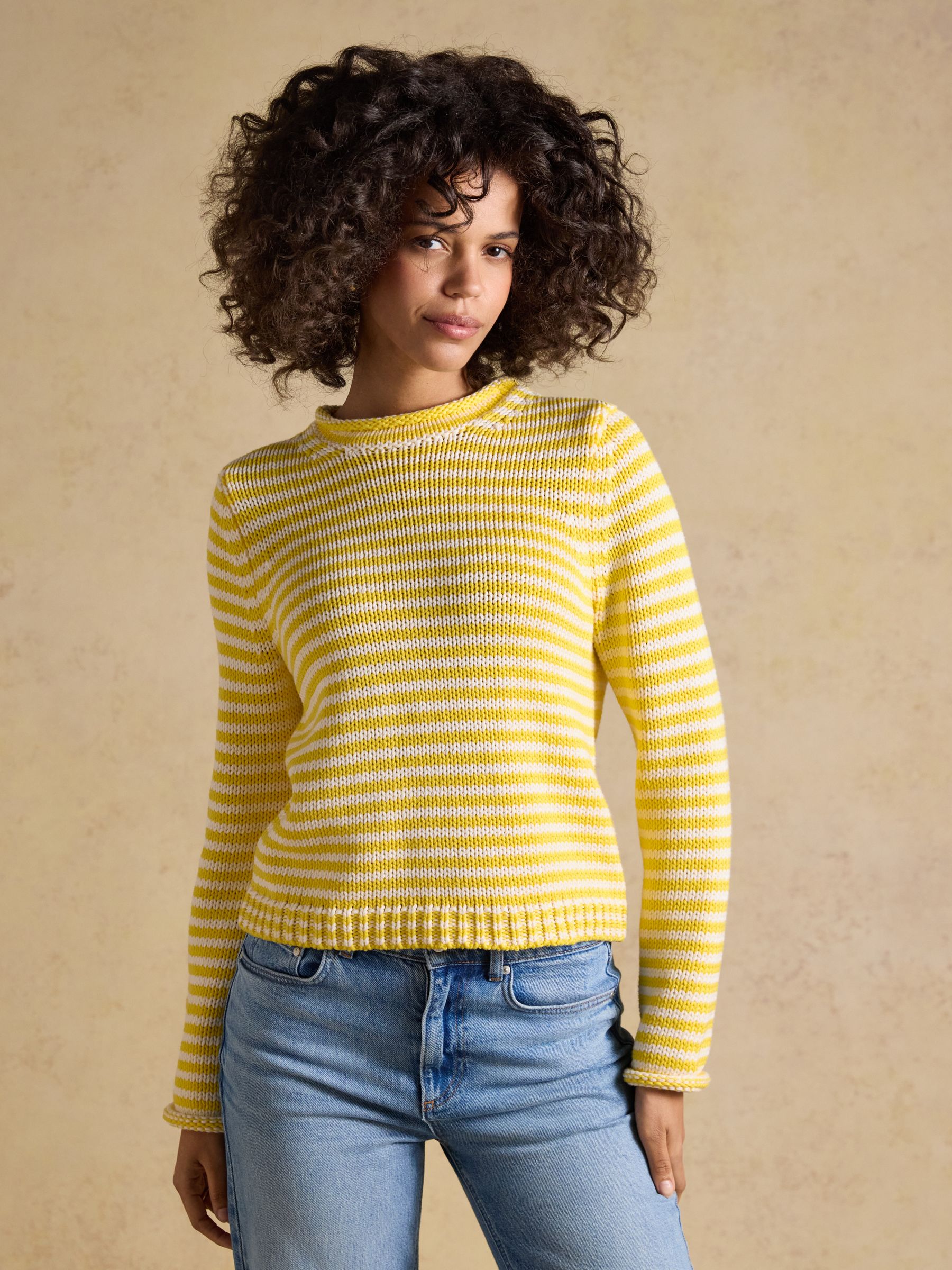 Buy Joules Yellow & White Striped Cotton Crew Neck Jumper from