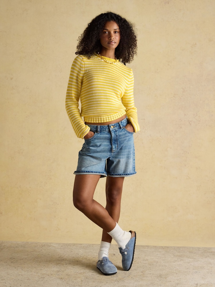 Joules Yellow & White Striped Cotton Knitted Crew Neck Jumper - Image 6 of 6