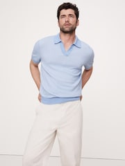 Banana Republic Blue Cotton-Linen Johnny-Collar Polo Jumper - Image 1 of 4