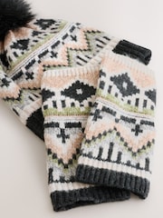 Black Fairisle Pattern Knitted Pom Hat & Handwarmer Set - Image 1 of 3