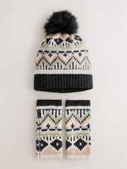 Black Fairisle Pattern Knitted Pom Hat & Handwarmer Set - Image 2 of 3