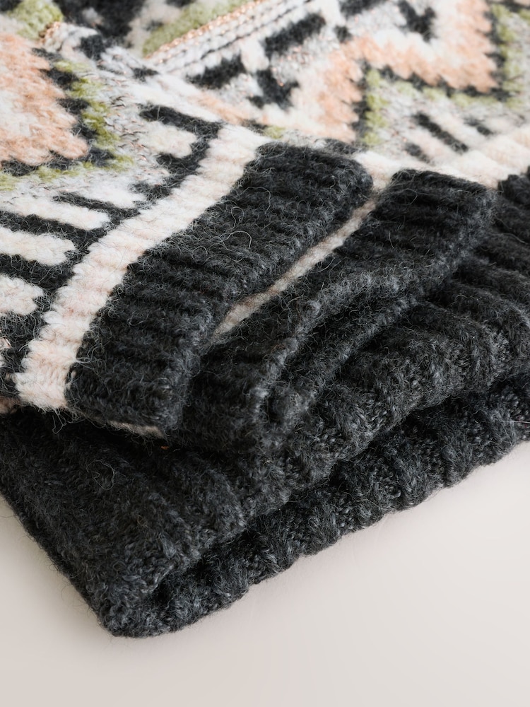 Black Fairisle Pattern Knitted Pom Hat & Handwarmer Set - Image 3 of 3