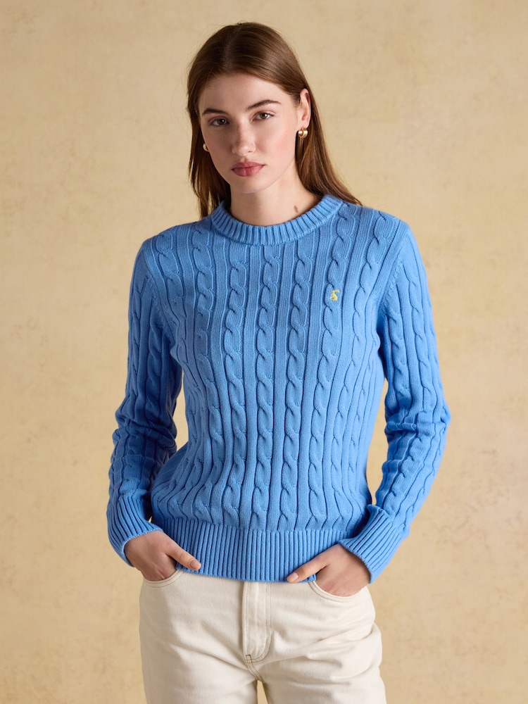 Joules Classic Cable Blue Cotton Crew Neck Jumper - Image 1 of 7