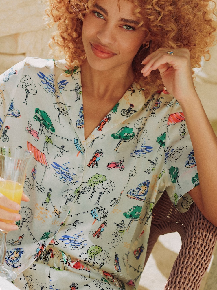 Joules Cream Fiesta Scene Short Satin Pyjama Set - Image 2 of 12