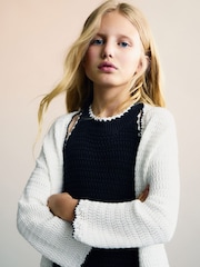 Mango White Contrast Trims Knitted 100% Cotton Cardigan - Image 1 of 4