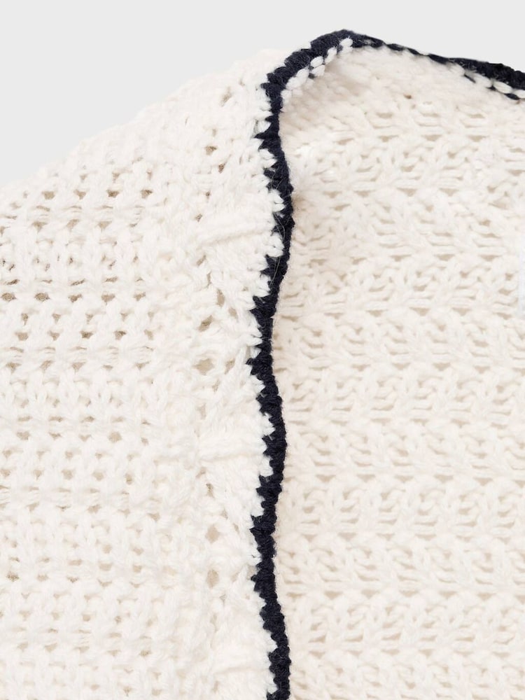 Mango White Contrast Trims Knitted 100% Cotton Cardigan - Image 4 of 4 Mango White Contrast Trims Knitted 100% Cotton Cardigan - Image 4 of 4