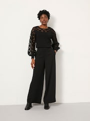 FatFace Julia Black Satin Back Crepe Wide Leg Trouser - Image 1 of 6