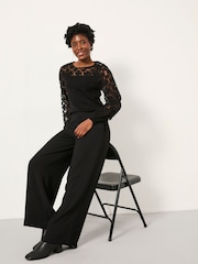 FatFace Julia Black Satin Back Crepe Wide Leg Trouser - Image 5 of 6