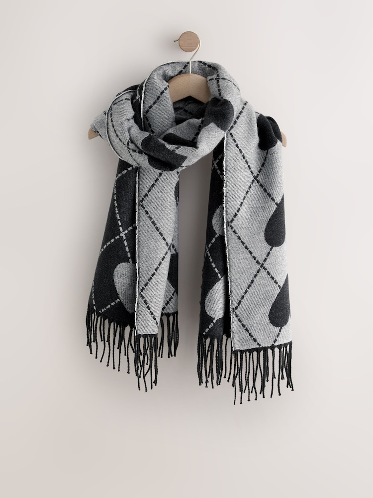 Black/White Argyle Hearts Midweight Scarf - Image 1 of 3 Black/White Argyle Hearts Midweight Scarf - Image 1 of 3