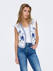 ONLY White Floral Print Embroidered 100% Cotton Waistcoat - Image 1 of 7