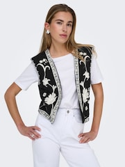 ONLY Black Floral Print Embroidered 100% Cotton Waistcoat - Image 1 of 7