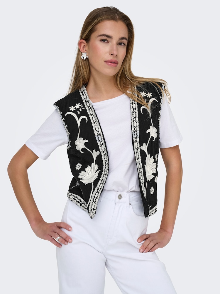 ONLY Black Floral Print Embroidered 100% Cotton Waistcoat - Image 1 of 7