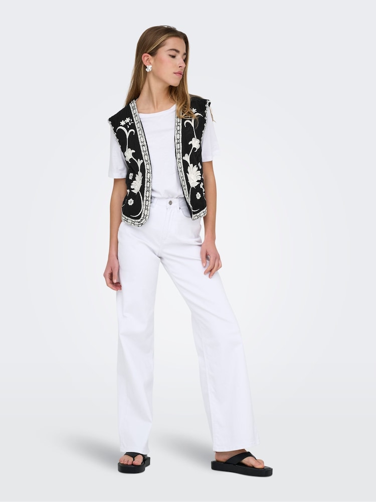 ONLY Black Floral Print Embroidered 100% Cotton Waistcoat - Image 2 of 7