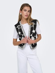 ONLY Black Floral Print Embroidered 100% Cotton Waistcoat - Image 4 of 7