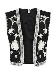 ONLY Black Floral Print Embroidered 100% Cotton Waistcoat - Image 6 of 7