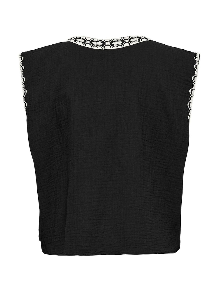 ONLY Black Floral Print Embroidered 100% Cotton Waistcoat - Image 7 of 7