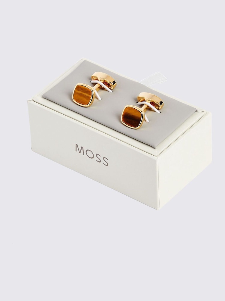 MOSS Yellow Gold Square Tiger Eye Cufflinks - Image 2 of 2