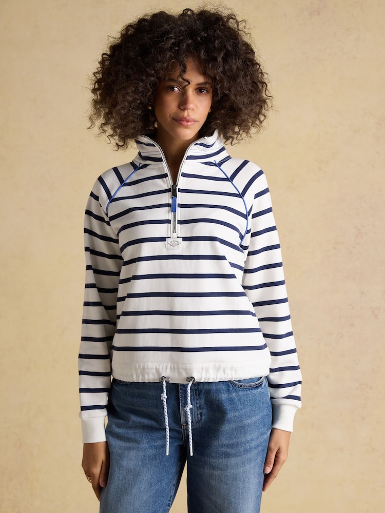 Joules Cream & Navy Striped Quarter Zip Cotton Sweatshirt - Image 1 of 8