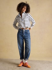 Joules Cream & Navy Striped Quarter Zip Cotton Sweatshirt - Image 7 of 8