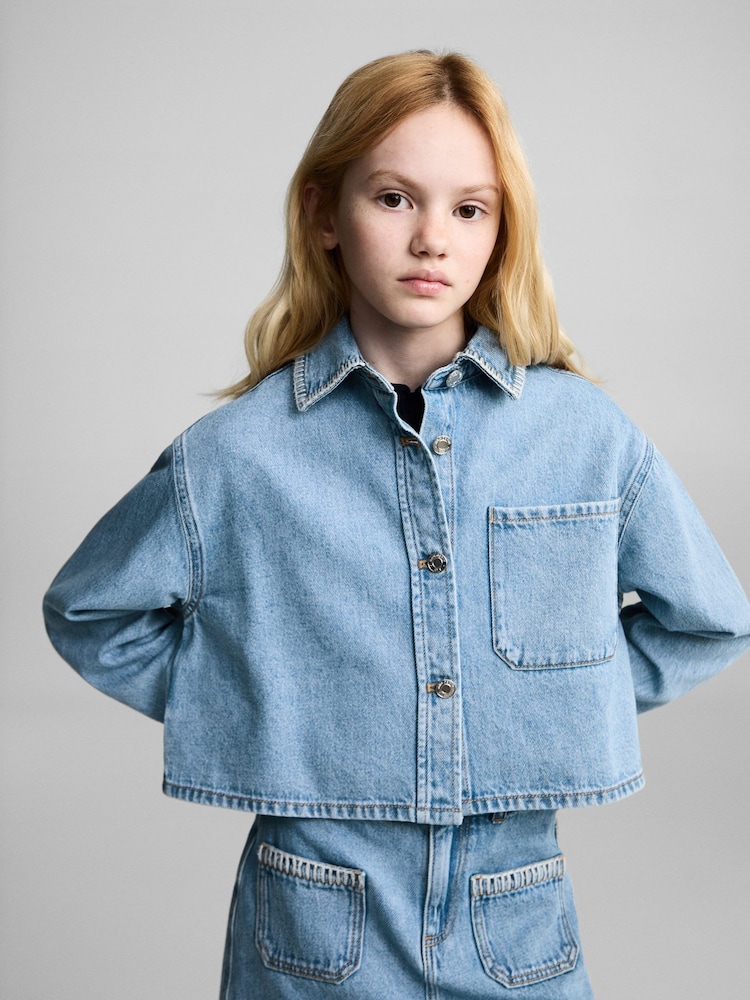 Mango Blue Crop Denim Jacket - Image 1 of 8