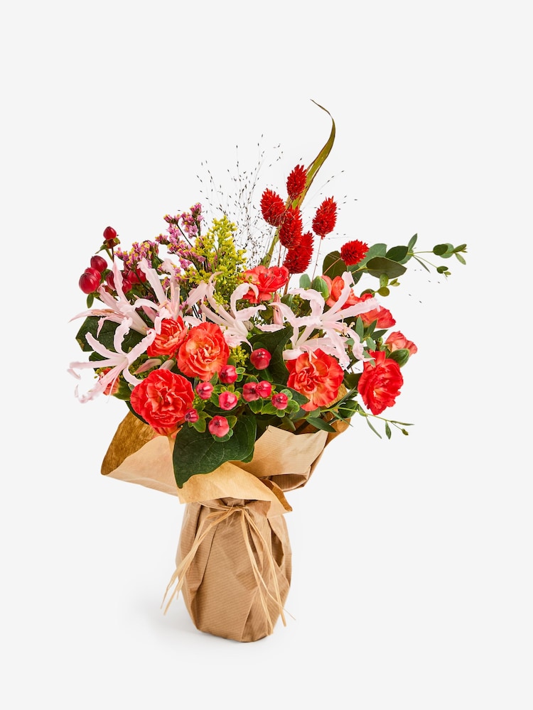 Orange Bloom Chrysanthemum and Rose Fresh Flower Bouquet In Gift Bag - Image 1 of 1