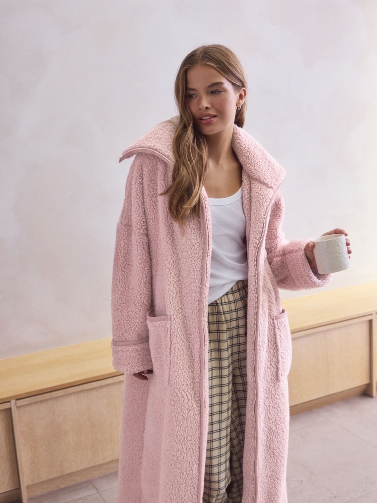 Buy Pink Cosy Teddy Borg Zip Through Dressing Gown from Next Luxembourg