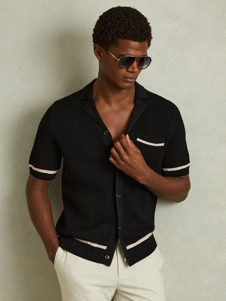 Reiss Black Albion Open-Stitch Cuban Collar Shirt - Image 1 of 6