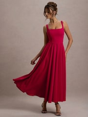 Club L London Red Parina Strappy Volume Hem Midi Dress - Image 1 of 6
