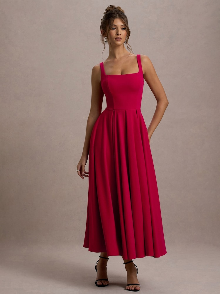 Club L London Red Parina Strappy Volume Hem Midi Dress - Image 6 of 6