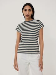 Jigsaw Grey 100% Cotton Slub Stripe Cap Top - Image 1 of 5